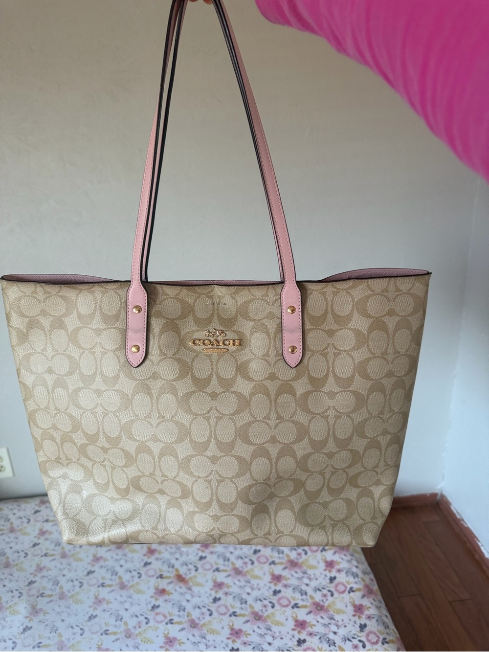 Coach Beige Signature Tote with Pink Leather Straps